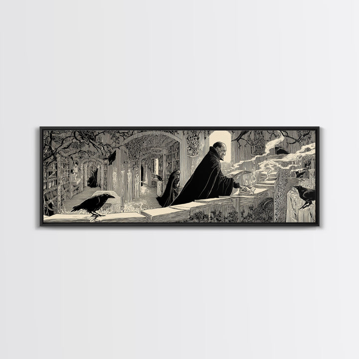 The Raven Post Office, Decadent Line Art, Extra Wide Wall Art, Macabre Wall Art, Framed Canvas Print, Halloween Wall Art