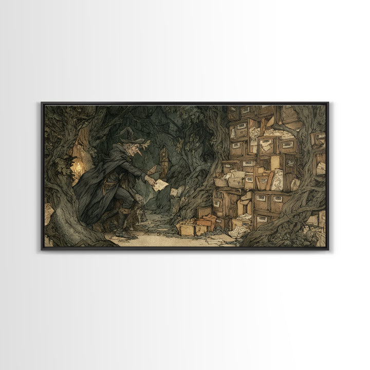 The Raven Post Office, Gothic Storybook Art, Wide Panoramic Art, Macabre Wall Art, Framed Canvas Print, Halloween Wall Art