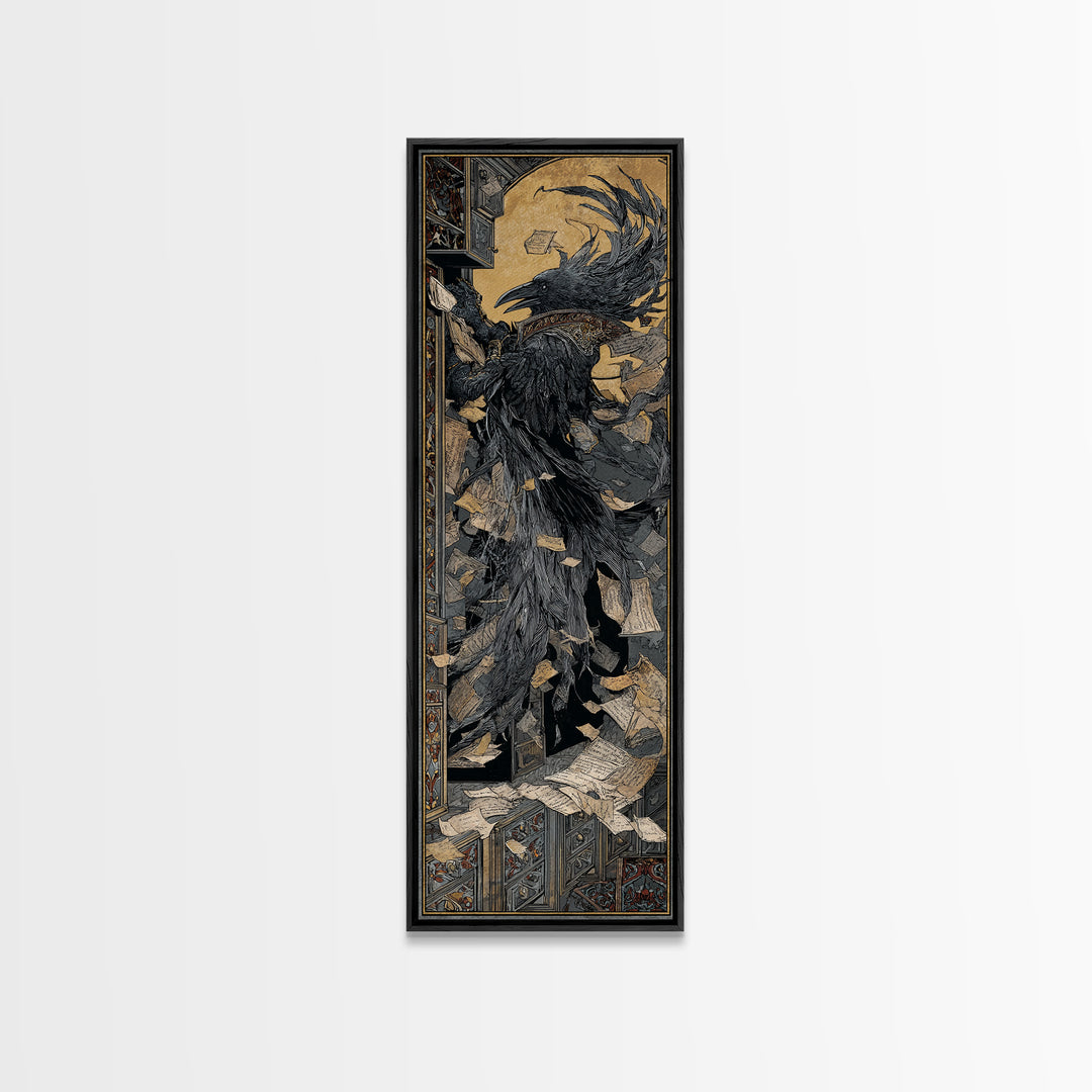 The Raven Post Office, Stained Glass Gothic Art, Tall Narrow Wall Art, Dark Fantasy Wall Art, Framed Canvas Print, Halloween Wall Art