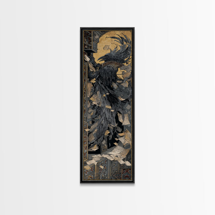 The Raven Post Office, Stained Glass Gothic Art, Tall Narrow Wall Art, Dark Fantasy Wall Art, Framed Canvas Print, Halloween Wall Art