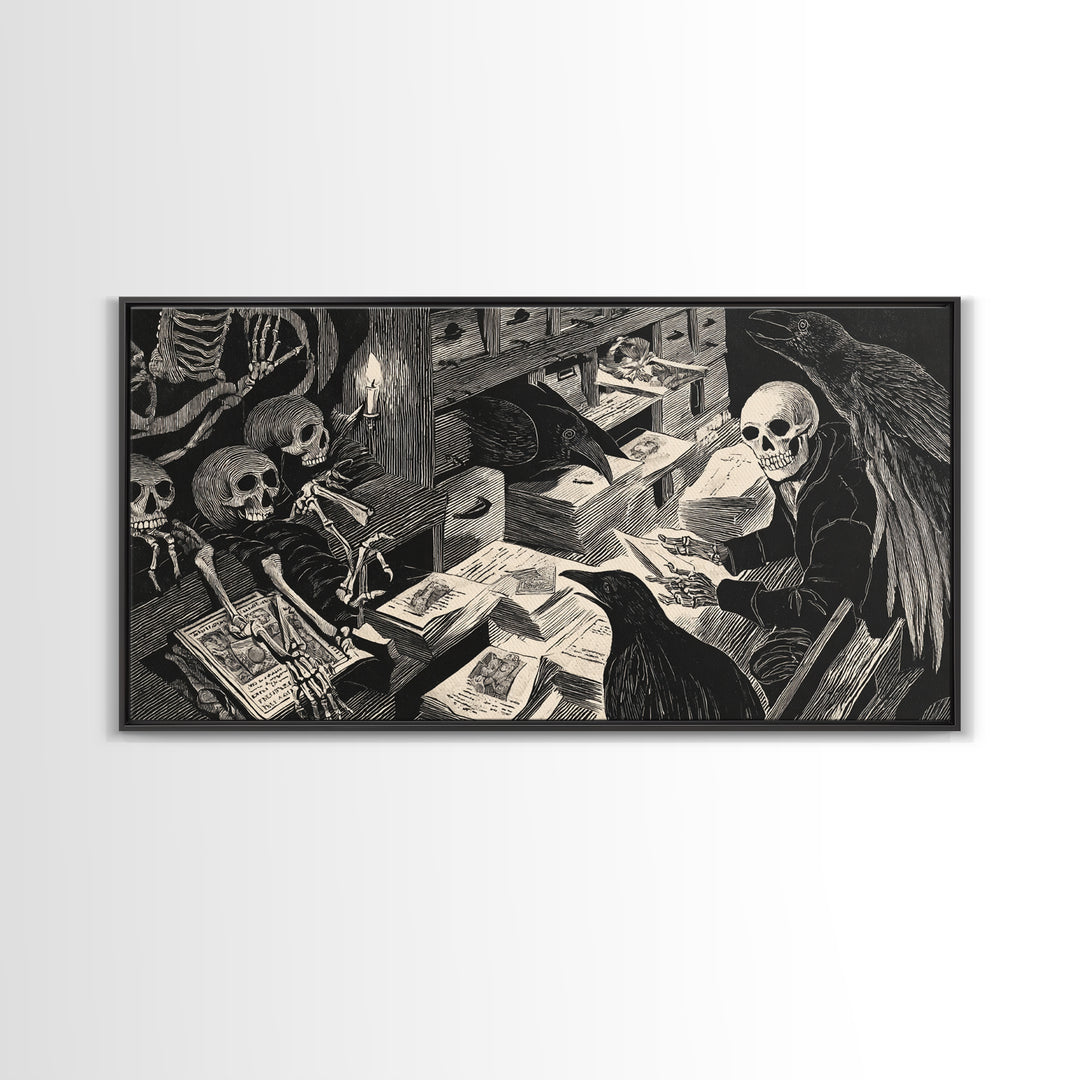 The Raven Post Office, Macabre Folk Print Art, Wide Panoramic Art, Gothic Horror Wall Art, Canvas Print, Halloween Wall Art