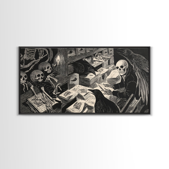 The Raven Post Office, Macabre Folk Print Art, Wide Panoramic Art, Gothic Horror Wall Art, Canvas Print, Halloween Wall Art