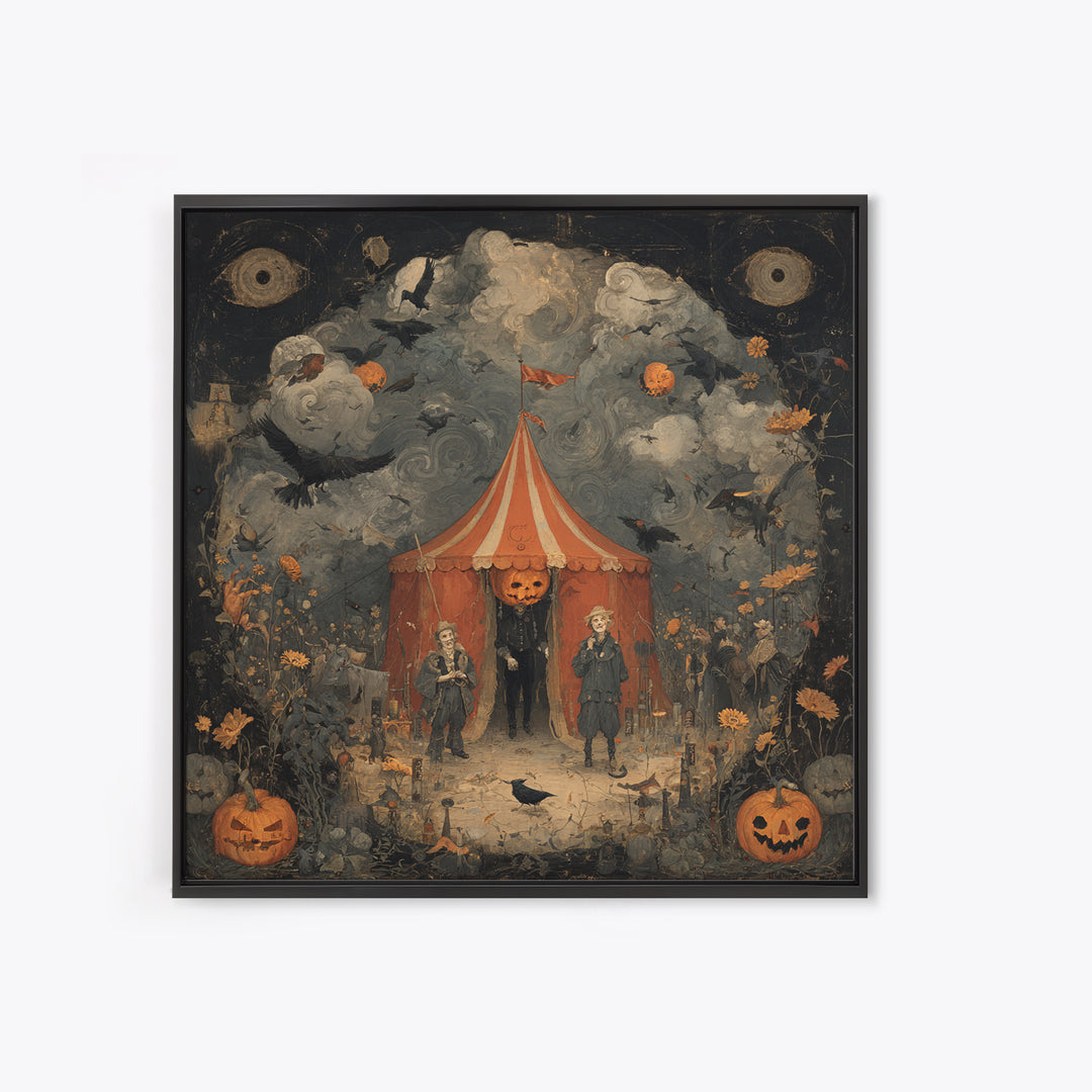 The Jack-O'-Lantern Circus, Symbolist Dream Art, Square Wall Art, Dark Halloween Decor, Framed Canvas Print, Halloween Wall Art