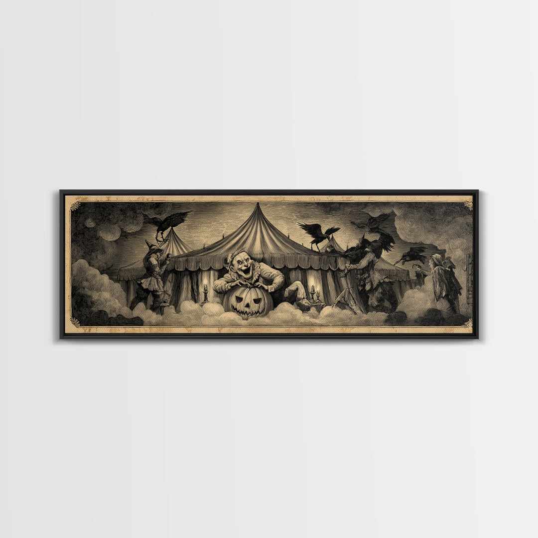 The Jack-O'-Lantern Circus, Expressionist Nightmare Art, Extra Wide Wall Art, Dark Halloween Decor, Framed Canvas Print, Halloween Wall Art