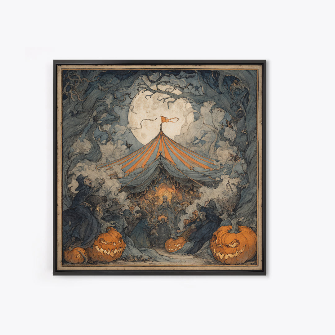 The Jack-O'-Lantern Circus, Gothic Storybook Art, Square Wall Art, Dark Halloween Decor, Framed Canvas Print, Halloween Wall Art