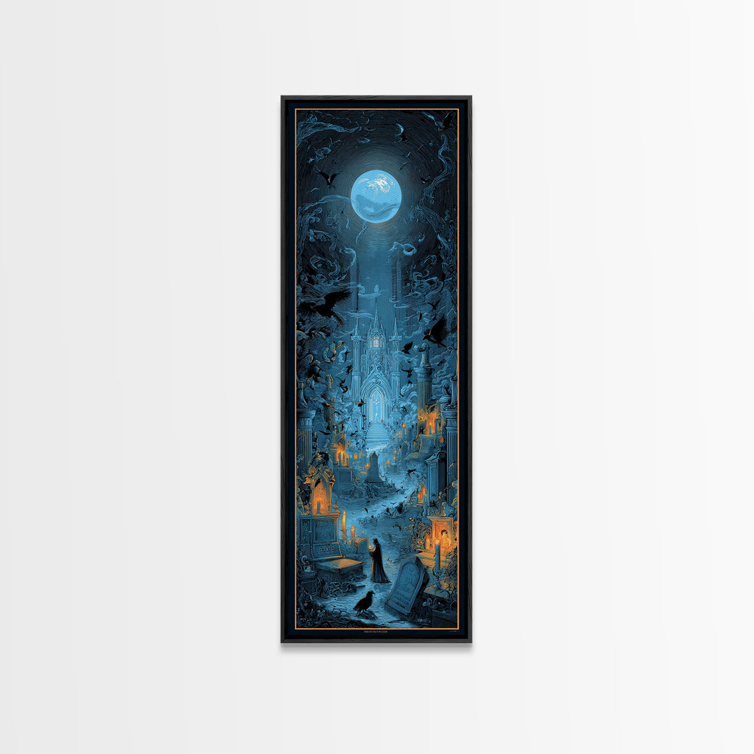 The Graveyard Book Club, Gothic Engraving Art, Tall Narrow Wall Art, Dark Halloween Decor, Canvas Print, Halloween Wall Art