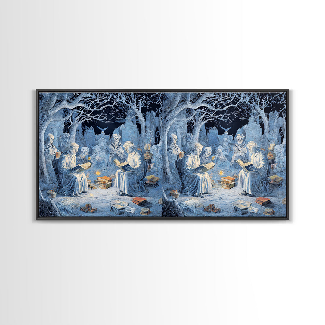 The Graveyard Book Club, Northern Renaissance Horror, Wide Panoramic Art, Macabre Wall Art, Framed Canvas Print