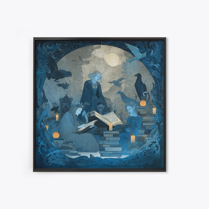 The Graveyard Book Club, Dark Symbolist Art, Square Wall Art, Macabre Wall Art, Framed Canvas Print, Halloween Wall Art
