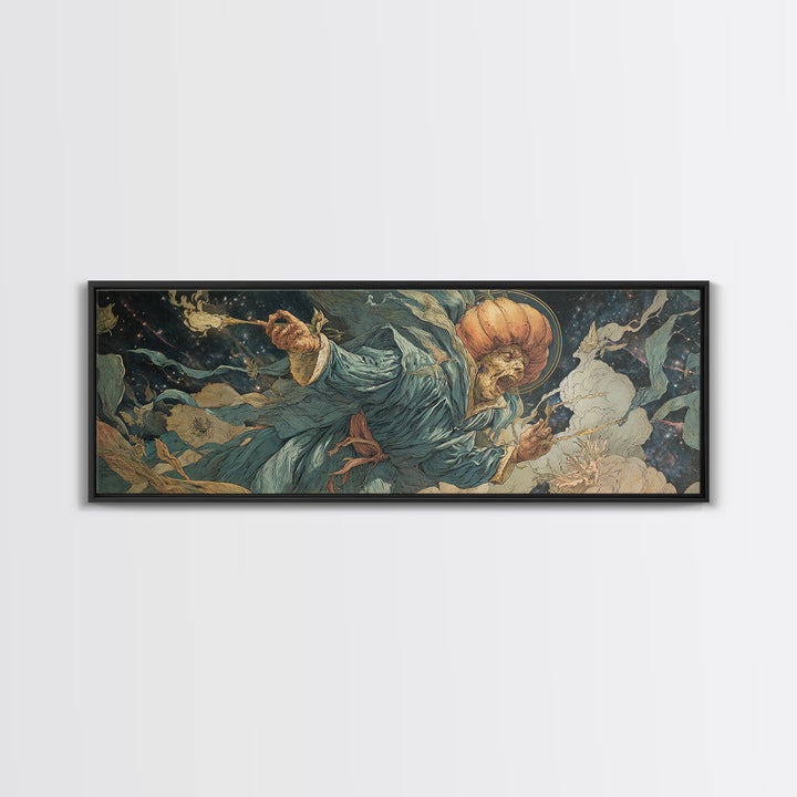 The Cosmic Pumpkin God, Dark Renaissance Art, Extra Wide Wall Art, Macabre Wall Art, Framed Canvas Print, Halloween Wall Art