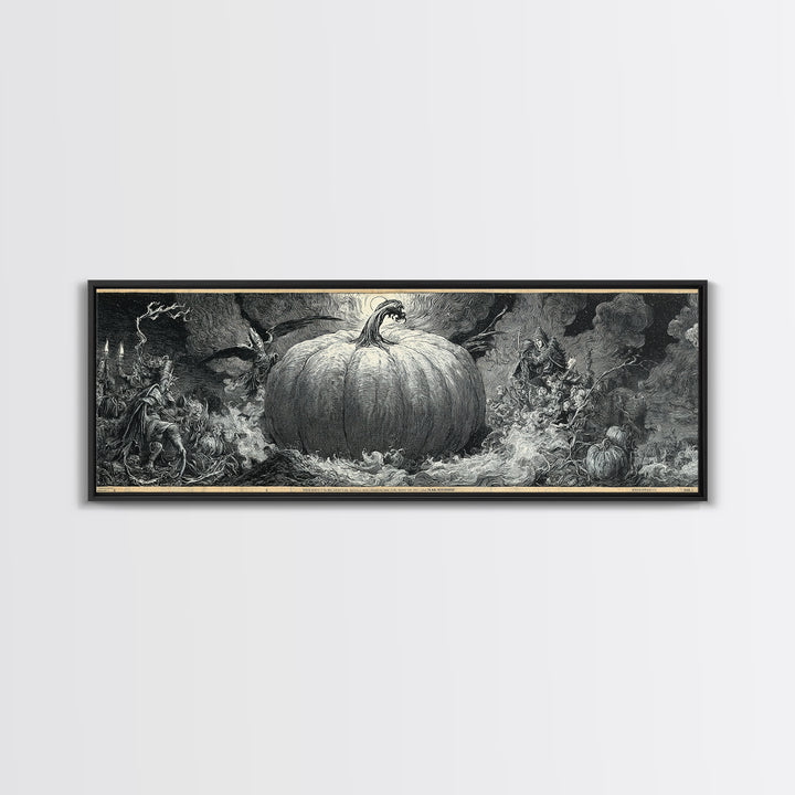 The Cosmic Pumpkin God, Renaissance Engraving Art, Extra Wide Wall Art, Macabre Wall Art, Framed Canvas Print, Halloween Wall Art