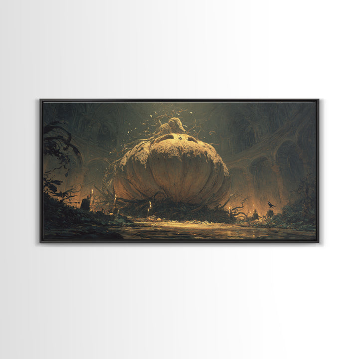 The Cosmic Pumpkin God, Dark Romantic Horror Art, Wide Panoramic Art, Gothic Horror Wall Art, Framed Canvas Print, Halloween Wall Art