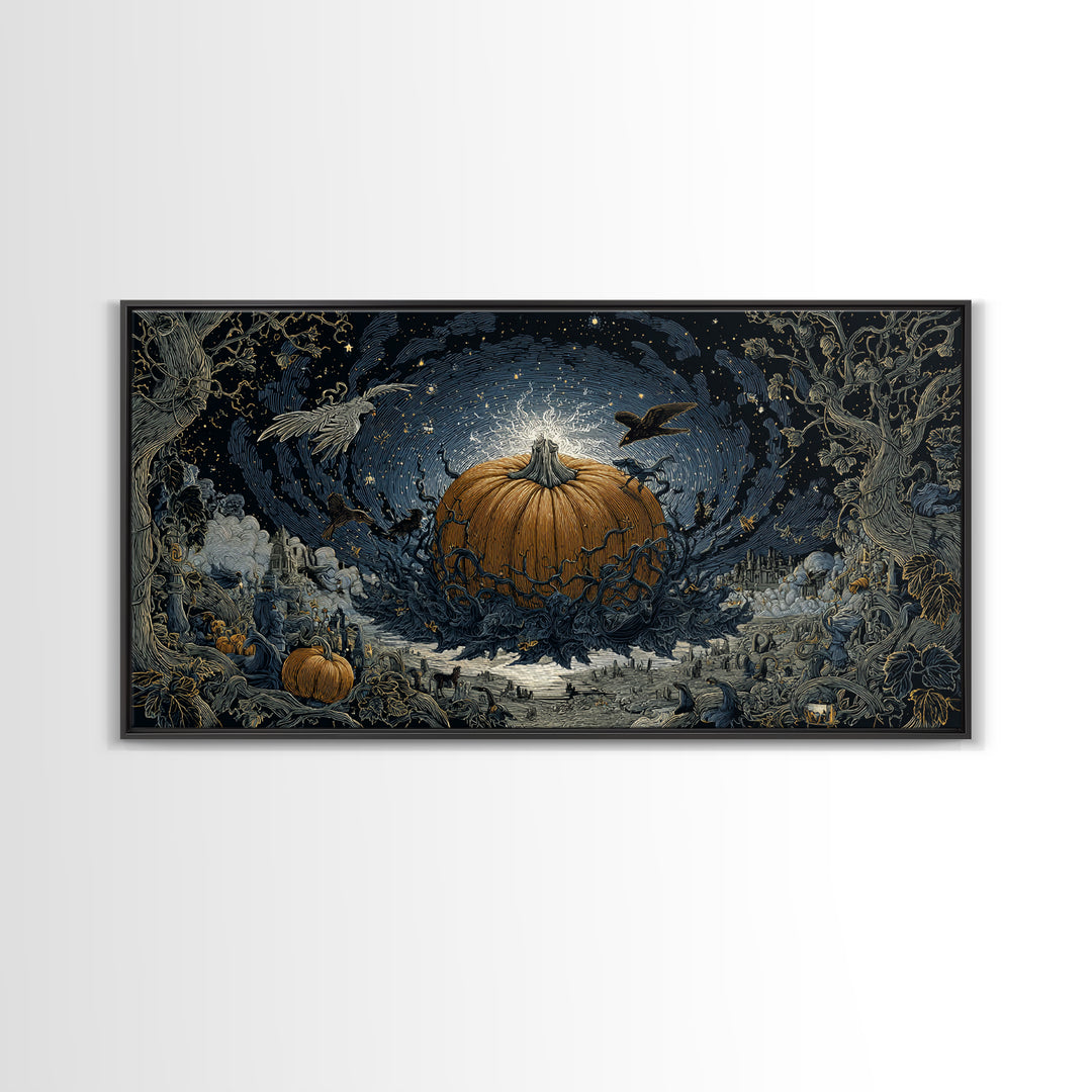 The Cosmic Pumpkin God, Romantic Gothic Landscape, Wide Panoramic Art, Macabre Wall Art, Framed Canvas Print, Halloween Wall Art
