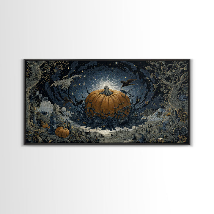 The Cosmic Pumpkin God, Romantic Gothic Landscape, Wide Panoramic Art, Macabre Wall Art, Framed Canvas Print, Halloween Wall Art