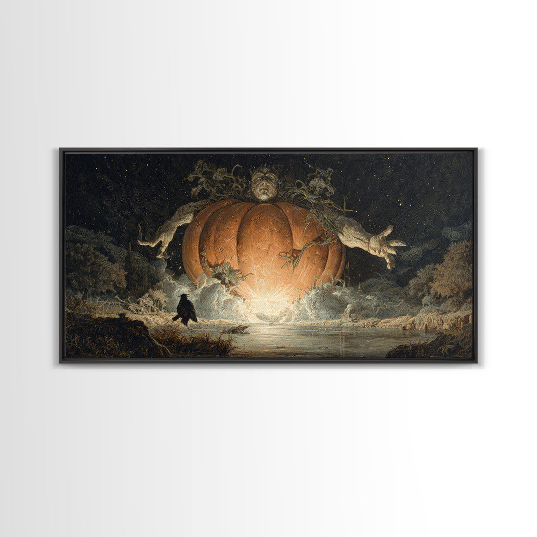 The Cosmic Pumpkin God, Symbolist Gothic Landscape, Wide Panoramic Art, Dark Halloween Decor, Canvas Print, Halloween Wall Art