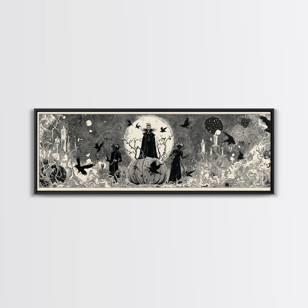 The Cosmic Pumpkin God, Decadent Line Art, Extra Wide Wall Art, Gothic Horror Wall Art, Canvas Print, Halloween Wall Art
