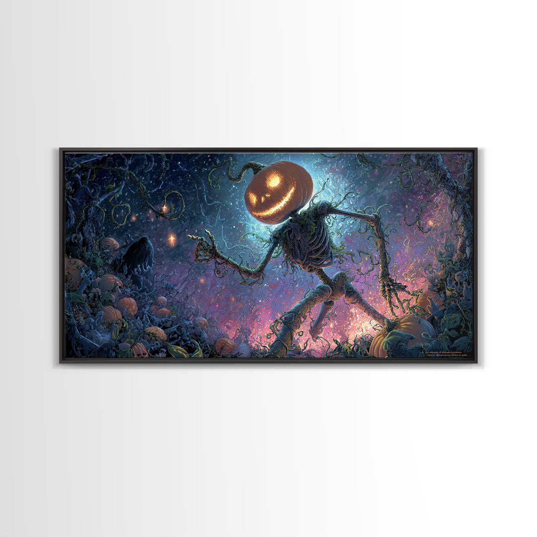 The Cosmic Pumpkin God, Macabre Folk Print Art, Wide Panoramic Art, Macabre Wall Art, Framed Canvas Print, Halloween Wall Art