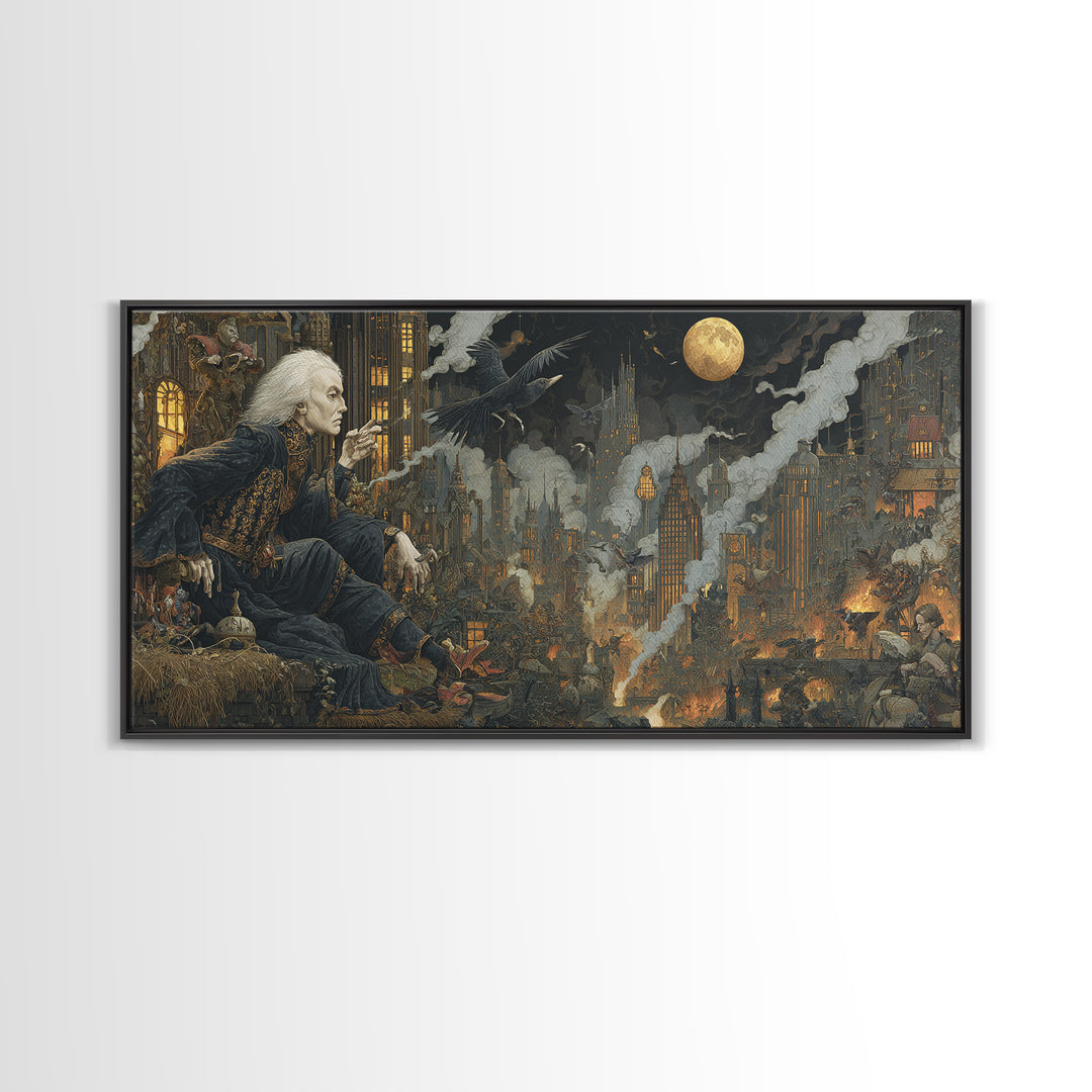 The Haunted City Skyline, Medieval Grotesque Art, Wide Panoramic Art, Dark Halloween Decor, Canvas Print, Halloween Wall Art