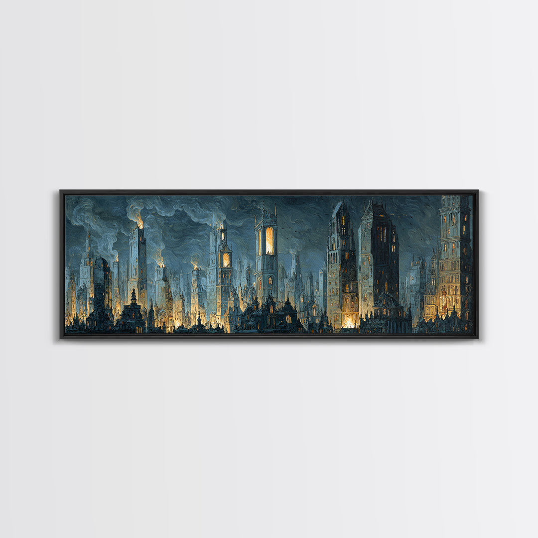 The Haunted City Skyline, Danse Macabre Art, Extra Wide Wall Art, Dark Halloween Decor, Canvas Print, Halloween Wall Art