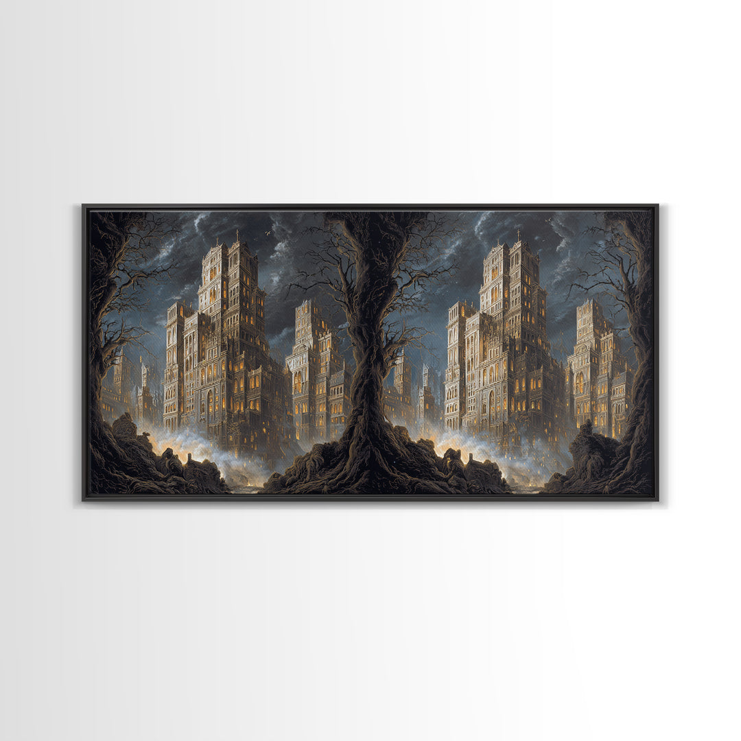 The Haunted City Skyline, Baroque Witchcraft Art, Wide Panoramic Art, Macabre Wall Art, Canvas Print, Halloween Wall Art