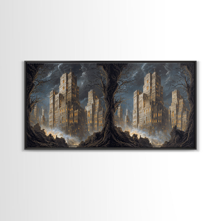 The Haunted City Skyline, Baroque Witchcraft Art, Wide Panoramic Art, Macabre Wall Art, Canvas Print, Halloween Wall Art