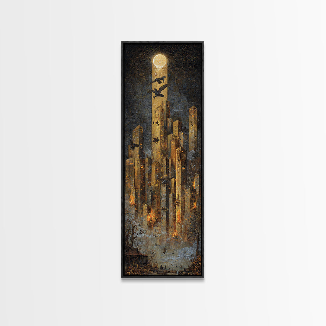 The Haunted City Skyline, Visionary Gothic Art, Tall Narrow Wall Art, Macabre Wall Art, Framed Canvas Print, Halloween Wall Art
