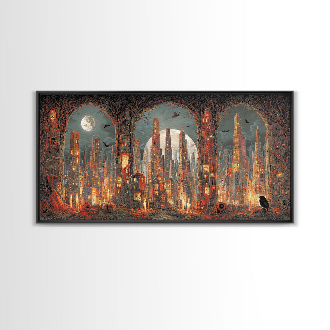 The Haunted City Skyline, Apocalyptic Romantic Art, Wide Panoramic Art, Macabre Wall Art, Canvas Print, Halloween Wall Art
