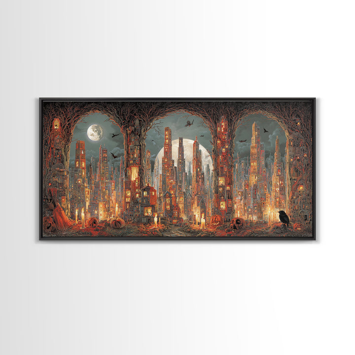 The Haunted City Skyline, Apocalyptic Romantic Art, Wide Panoramic Art, Macabre Wall Art, Canvas Print, Halloween Wall Art