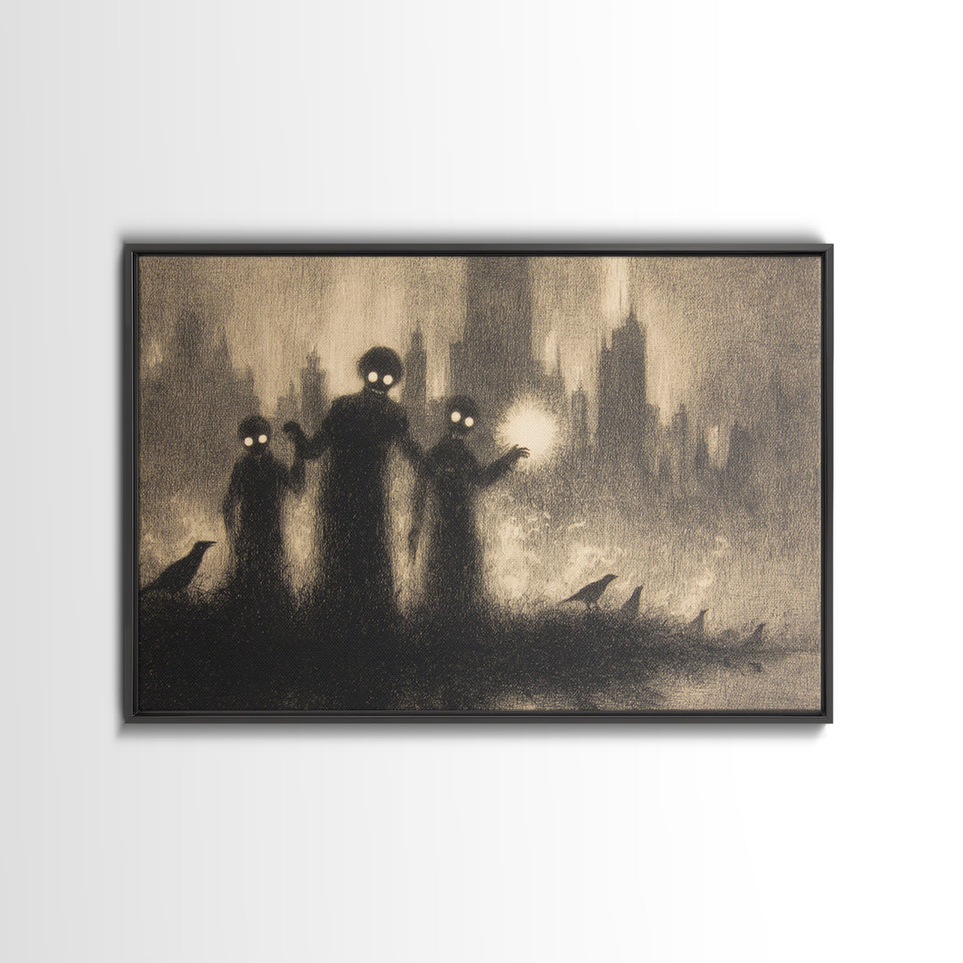 The Haunted City Skyline, Symbolist Dream Art, Landscape Wall Art, Dark Halloween Decor, Framed Canvas Print, Halloween Wall Art