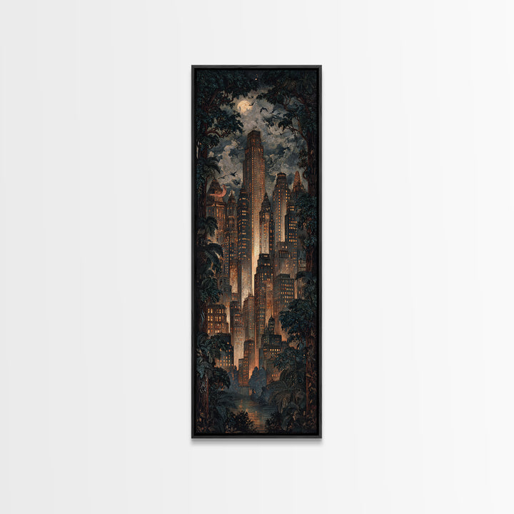 The Haunted City Skyline, Dark Symbolist Art, Tall Narrow Wall Art, Dark Fantasy Wall Art, Framed Canvas Print, Halloween Wall Art