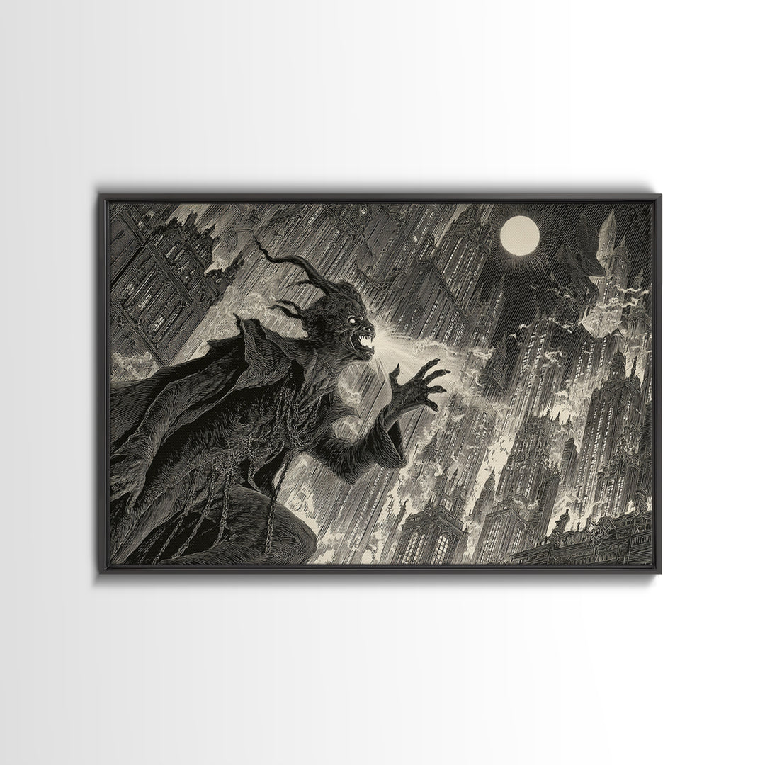 The Haunted City Skyline, Symbolist Etching Art, Landscape Wall Art, Dark Halloween Decor, Canvas Print, Halloween Wall Art