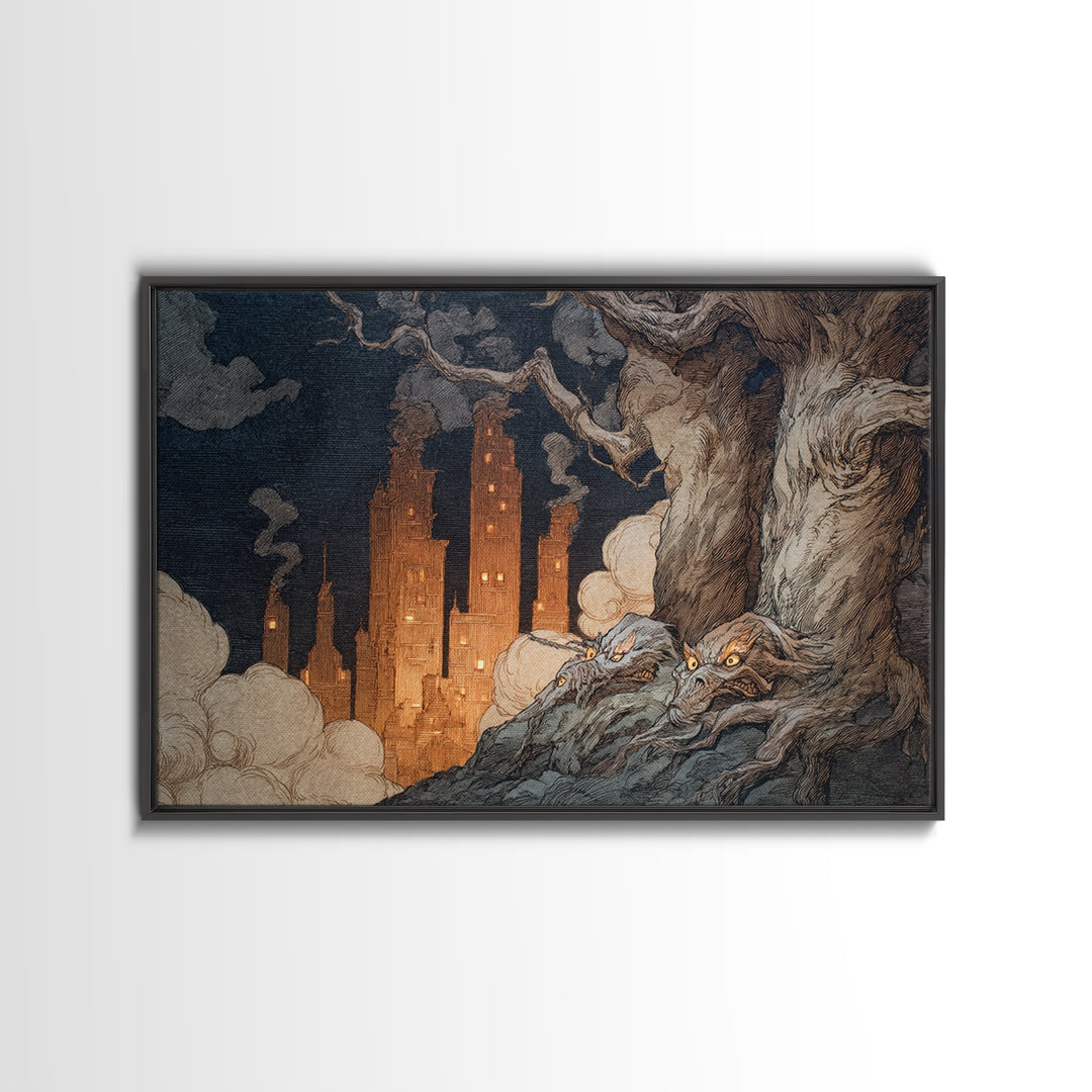 The Haunted City Skyline, Gothic Storybook Art, Landscape Wall Art, Dark Fantasy Wall Art, Canvas Print, Halloween Wall Art
