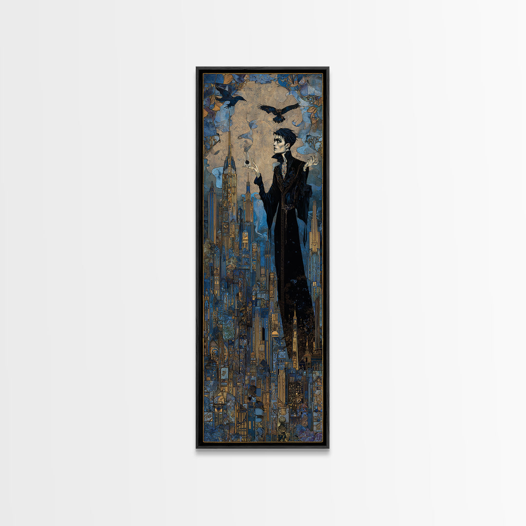 The Haunted City Skyline, Stained Glass Gothic Art, Tall Narrow Wall Art, Dark Halloween Decor, Canvas Print, Halloween Wall Art