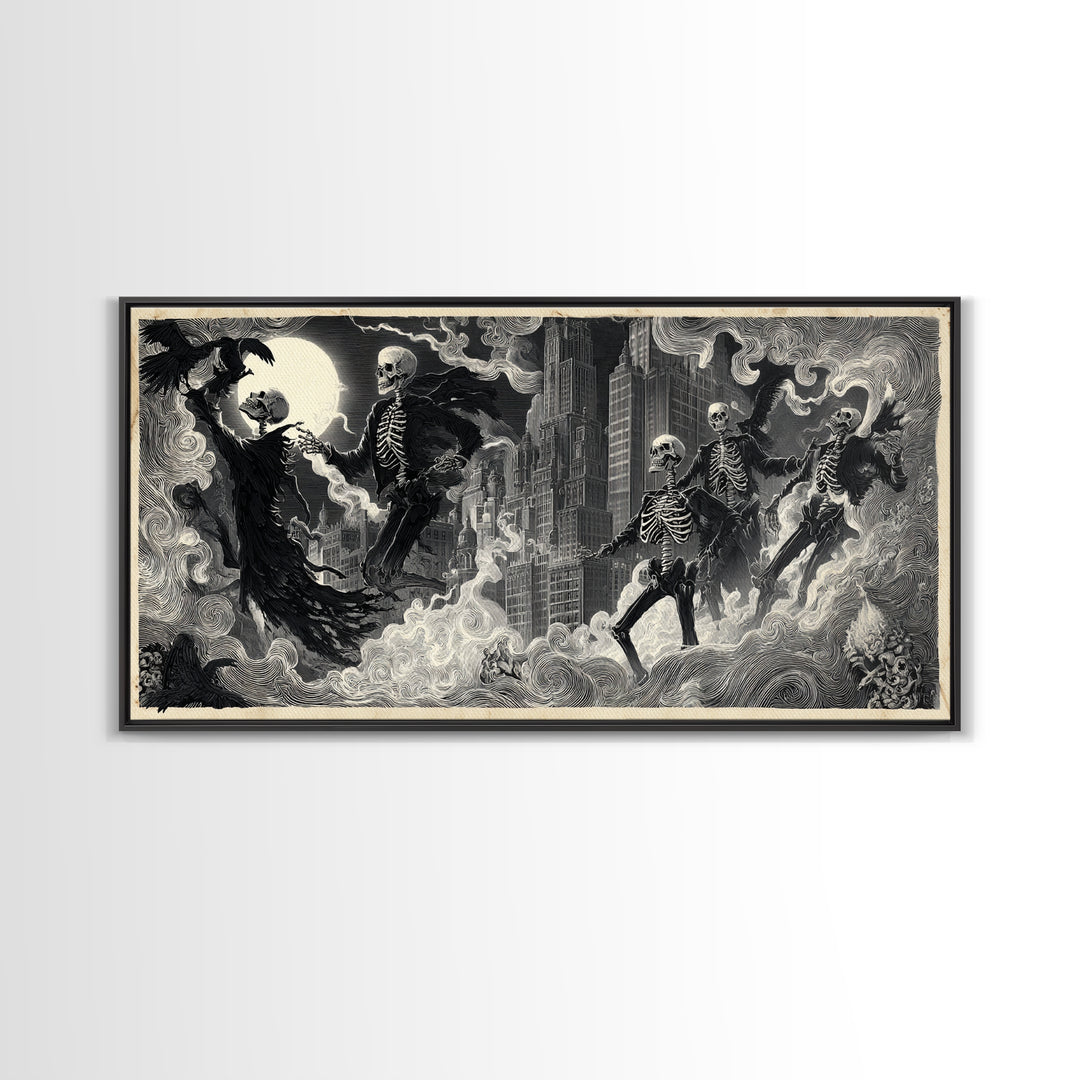 The Haunted City Skyline, Macabre Folk Print Art, Wide Panoramic Art, Gothic Horror Wall Art, Canvas Print, Halloween Wall Art