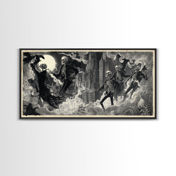 The Haunted City Skyline, Macabre Folk Print Art, Wide Panoramic Art, Gothic Horror Wall Art, Canvas Print, Halloween Wall Art