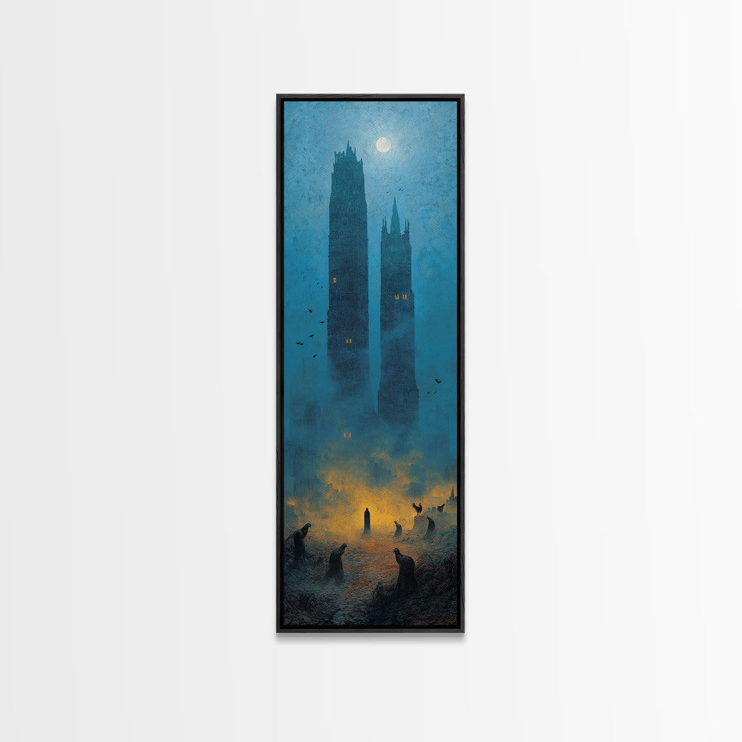 The Haunted City Skyline, Surreal Apocalyptic Art, Tall Narrow Wall Art, Dark Halloween Decor, Framed Canvas Print