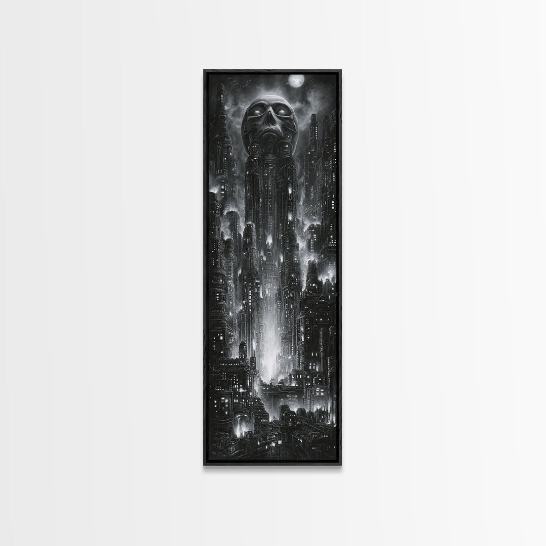 The Haunted City Skyline, Biomechanical Horror Art, Tall Narrow Wall Art, Dark Fantasy Wall Art, Canvas Print, Halloween Wall Art