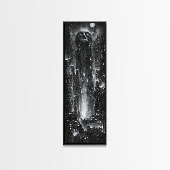The Haunted City Skyline, Biomechanical Horror Art, Tall Narrow Wall Art, Dark Fantasy Wall Art, Canvas Print, Halloween Wall Art