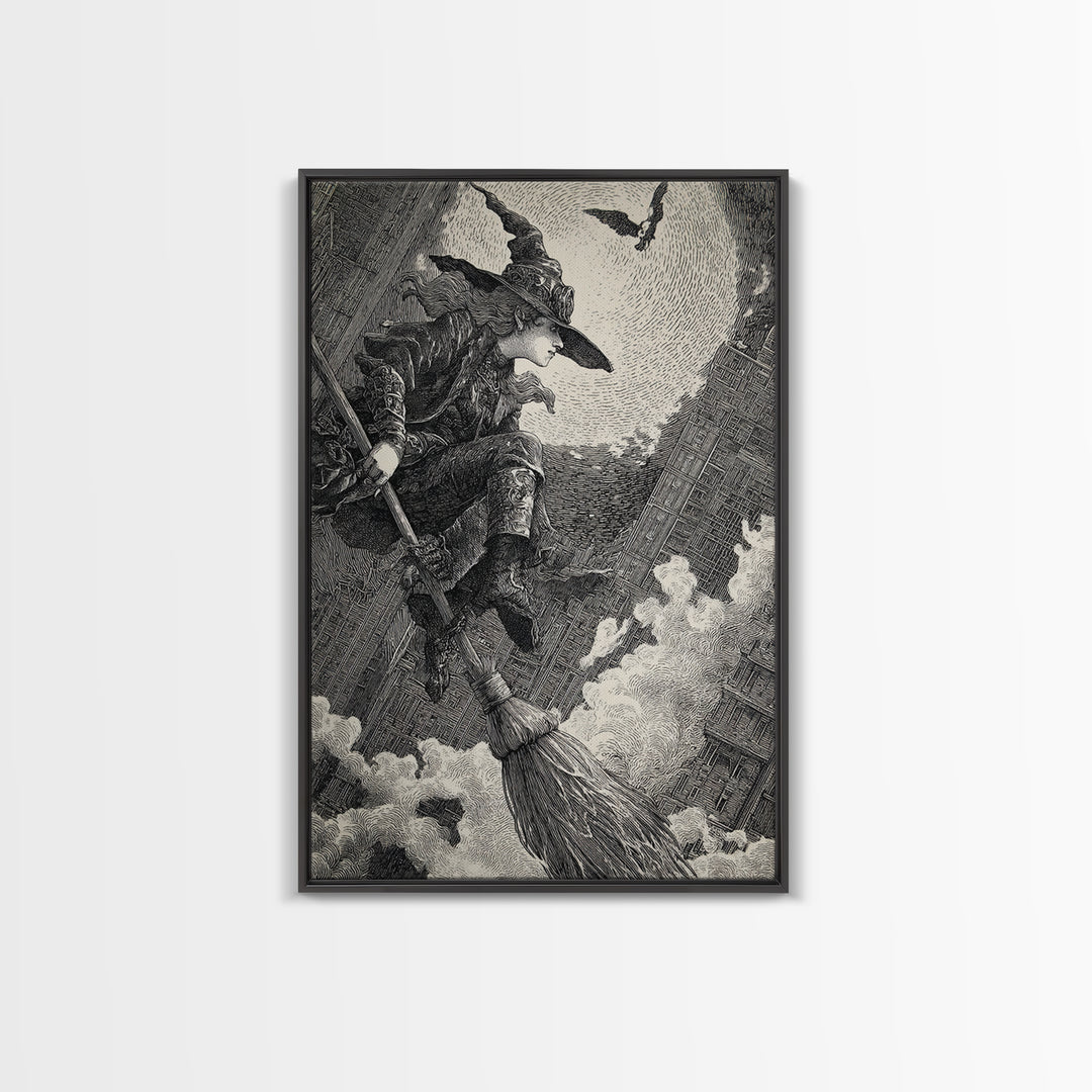 The Cyberpunk Witch, Renaissance Engraving Art, Vertical Wall Art, Dark Fantasy Wall Art, Framed Canvas Print, Halloween Wall Art