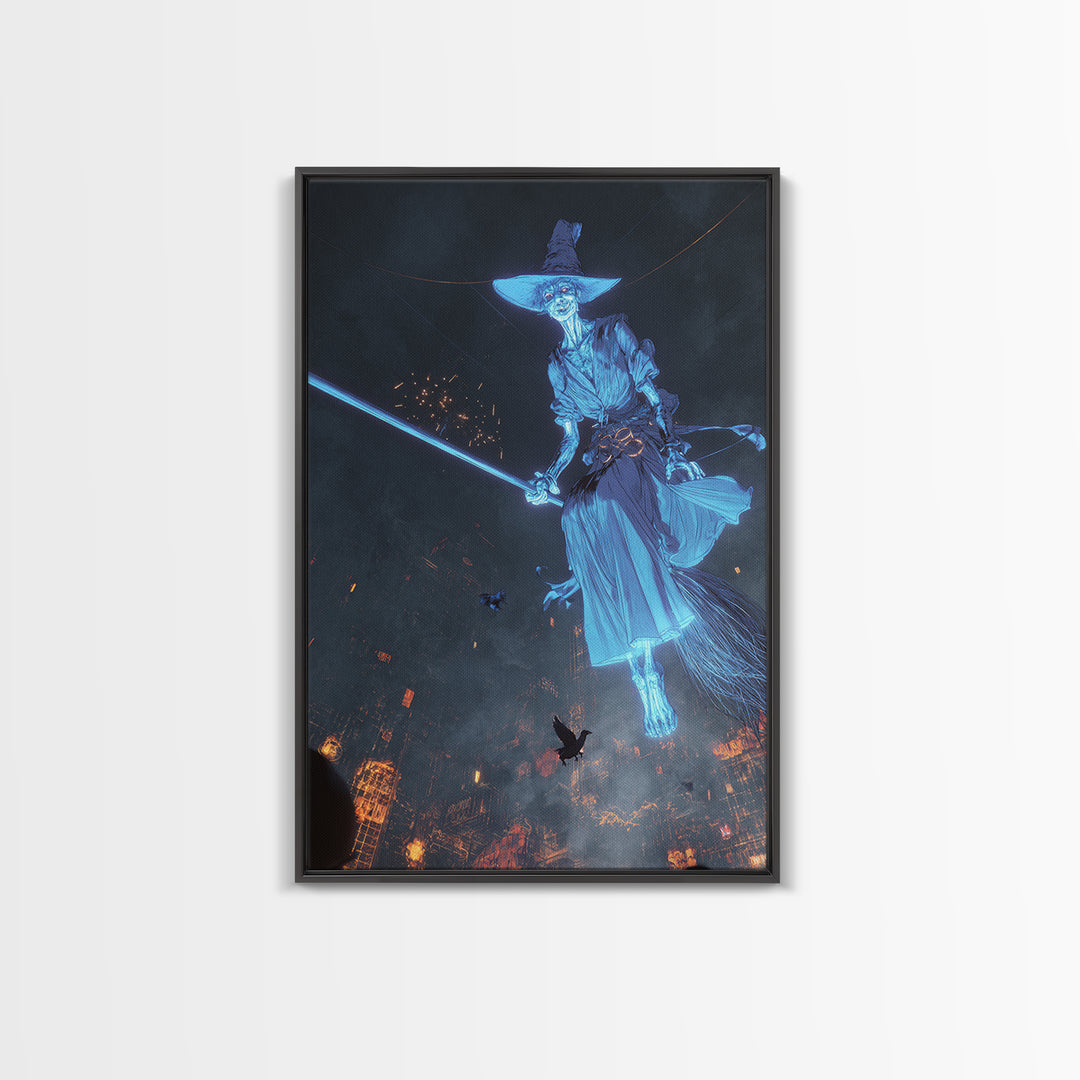 The Cyberpunk Witch, Gothic Nightmare Art, Vertical Wall Art, Dark Halloween Decor, Framed Canvas Print, Halloween Wall Art