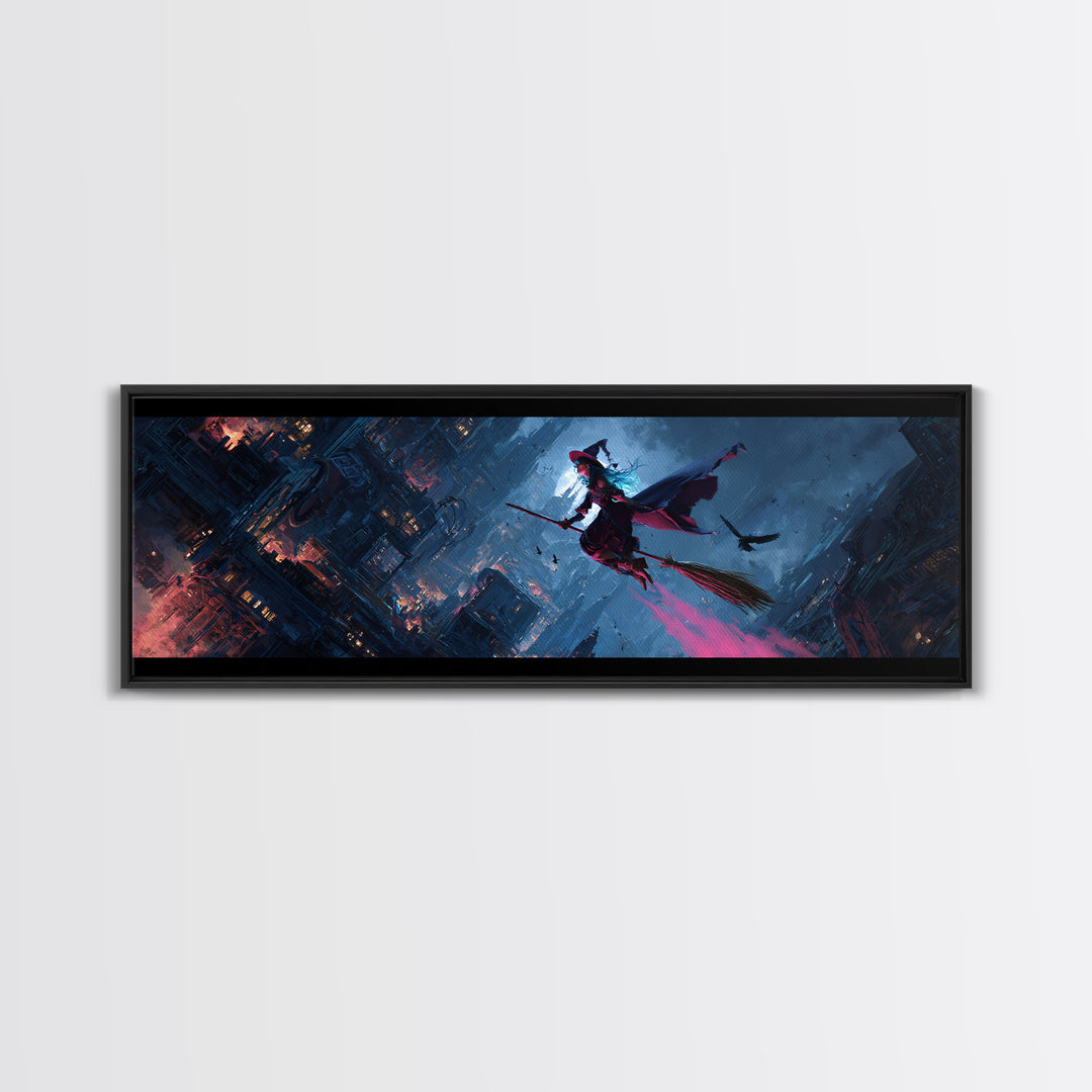 The Cyberpunk Witch, Apocalyptic Romantic Art, Extra Wide Wall Art, Dark Halloween Decor, Framed Canvas Print, Halloween Wall Art
