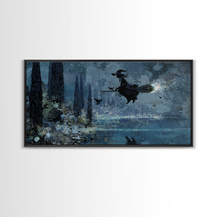 The Cyberpunk Witch, Symbolist Gothic Landscape, Wide Panoramic Art, Gothic Horror Wall Art, Framed Canvas Print, Halloween Wall Art