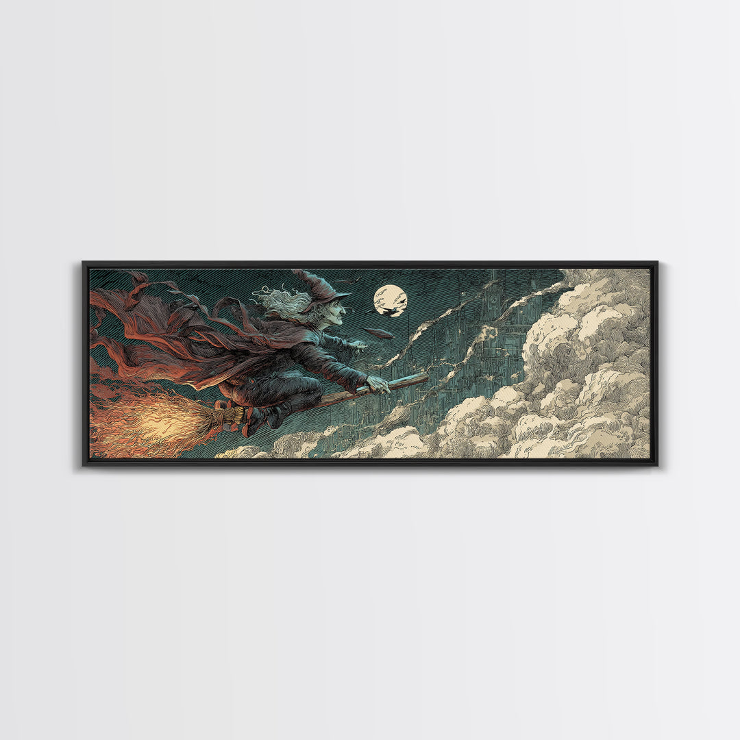 The Cyberpunk Witch, Symbolist Etching Art, Extra Wide Wall Art, Dark Halloween Decor, Canvas Print, Halloween Wall Art