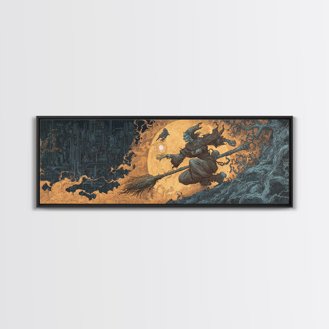 The Cyberpunk Witch, Gothic Storybook Art, Extra Wide Wall Art, Gothic Horror Wall Art, Canvas Print, Halloween Wall Art