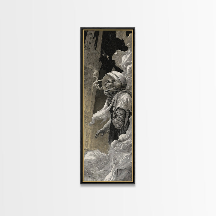 The Astronaut Ghost, Gothic Engraving Art, Tall Narrow Wall Art, Dark Halloween Decor, Framed Canvas Print, Halloween Wall Art
