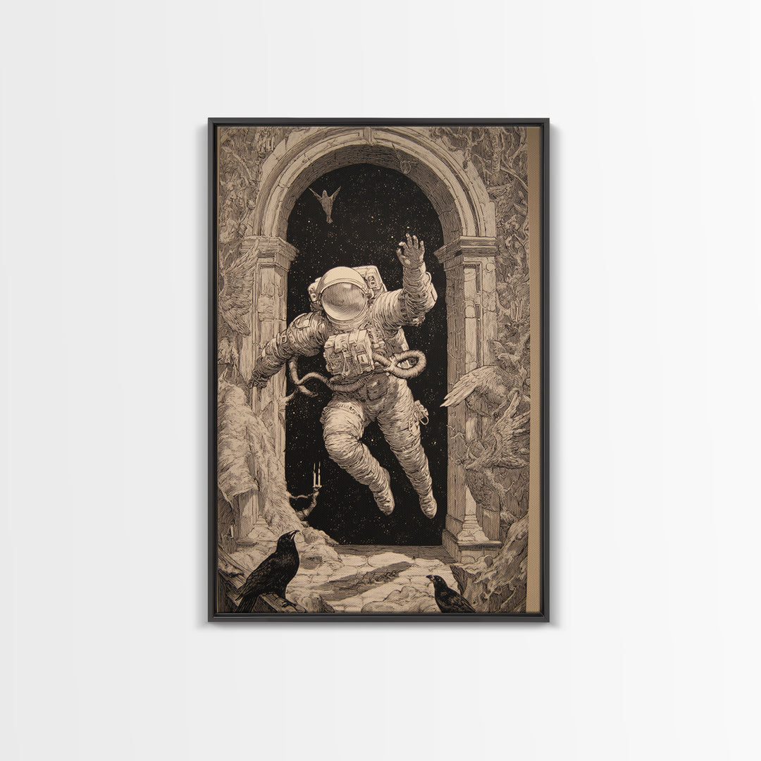 The Astronaut Ghost, Renaissance Engraving Art, Vertical Wall Art, Dark Fantasy Wall Art, Framed Canvas Print, Halloween Wall Art