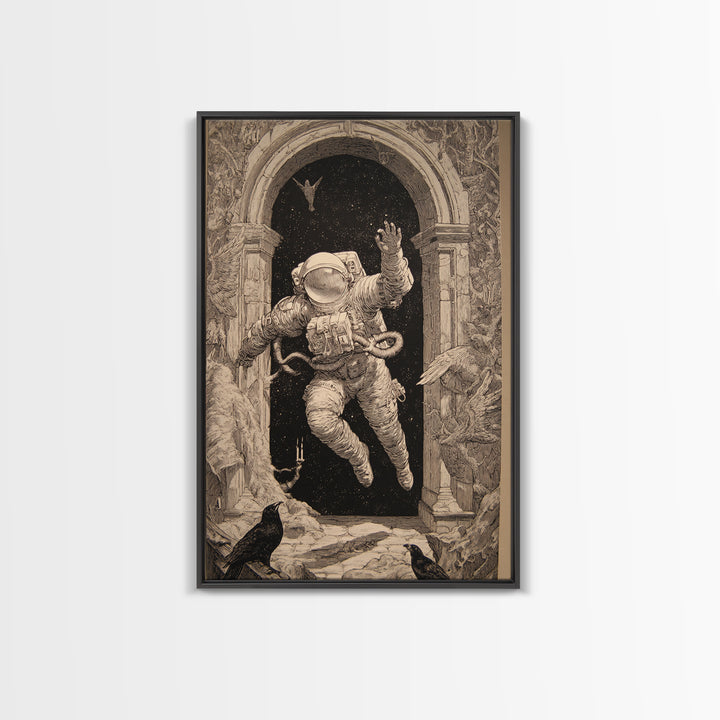 The Astronaut Ghost, Renaissance Engraving Art, Vertical Wall Art, Dark Fantasy Wall Art, Framed Canvas Print, Halloween Wall Art