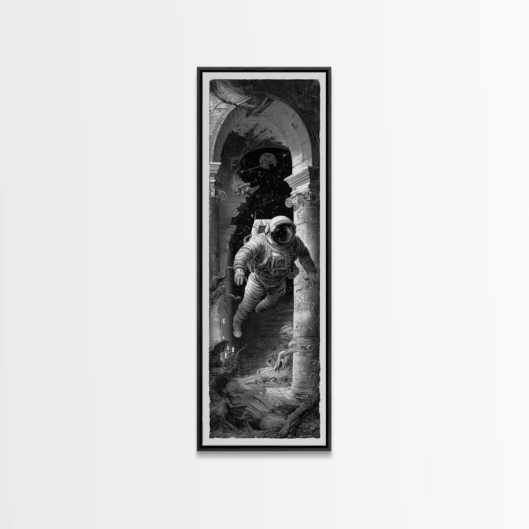 The Astronaut Ghost, Architectural Etching Art, Tall Narrow Wall Art, Dark Halloween Decor, Framed Canvas Print