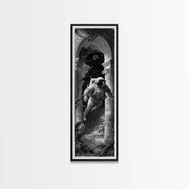 The Astronaut Ghost, Architectural Etching Art, Tall Narrow Wall Art, Dark Halloween Decor, Framed Canvas Print