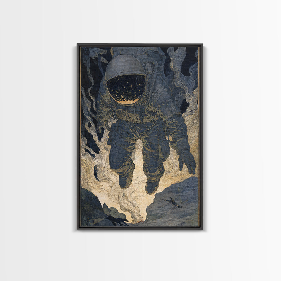 The Astronaut Ghost, Symbolist Etching Art, Vertical Wall Art, Macabre Wall Art, Framed Canvas Print, Halloween Wall Art