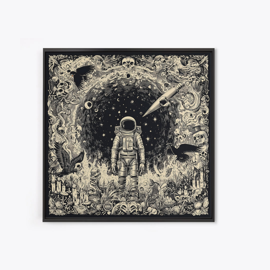 The Astronaut Ghost, Macabre Folk Print Art, Square Wall Art, Dark Halloween Decor, Canvas Print, Halloween Wall Art